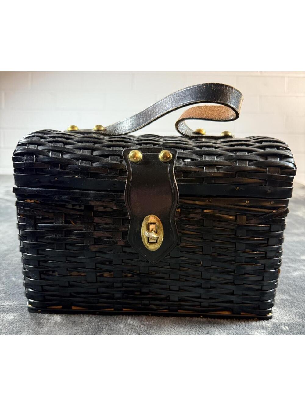 Vintage Wicker Train Case Purse Black Basket Gold Clasp Hong Kong